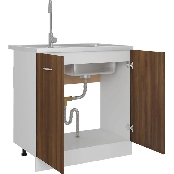 vidaXL Spülenunterschrank, Spülenschrank mit viel Stauraum, Küchenschrank mit 2 Türen, Küchenunterschrank Unterschrank Küche, Braun Eiche-Optik Holzwerkstoff – Bild 5