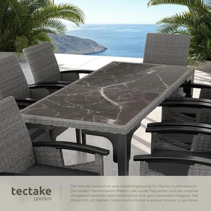 tectake Gartentisch Foggia, großer Rattantisch, grau, rechteckig, 196x87x76 cm, mit marmorierten Feinsteinzeugplatten und robustem Geflecht – Bild 2