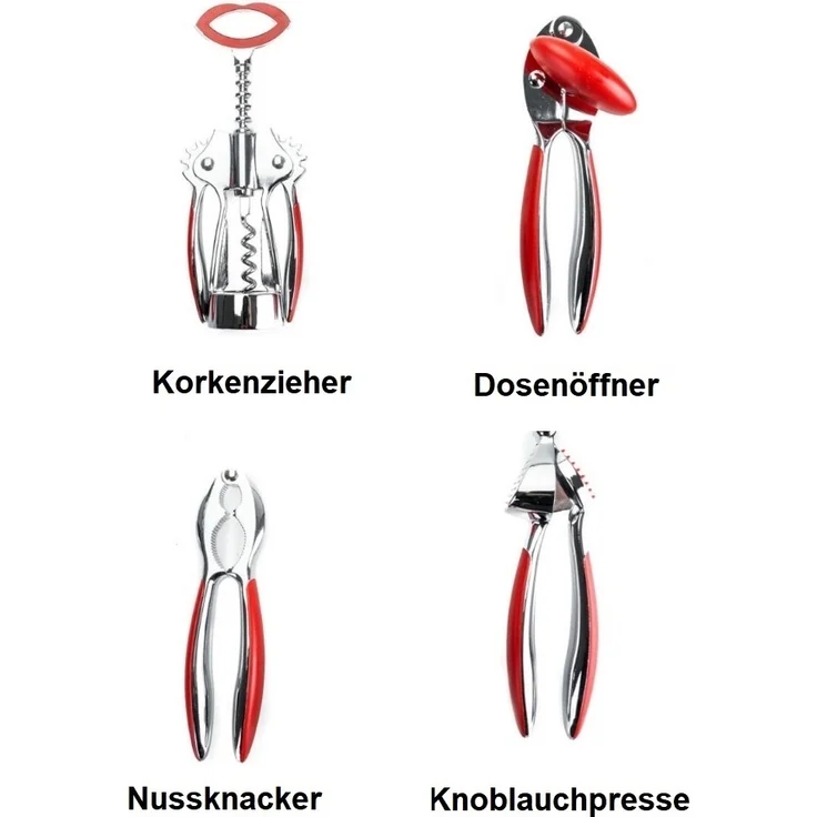 5 tlg Set Ständer Drehbar Dosenöffner Knoblauchpresse Nussknacker Dosenöffner Rot – Bild 3