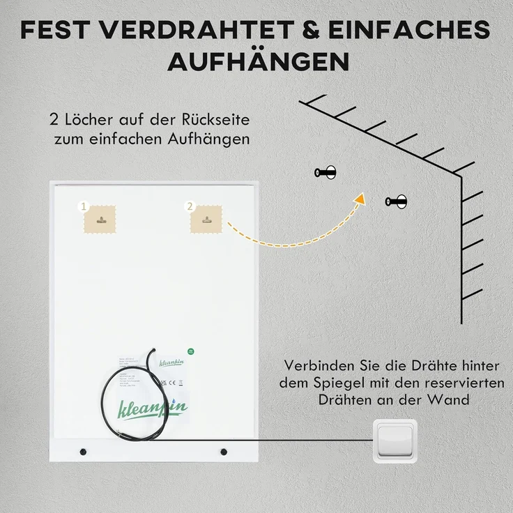 Kleankin Spiegel mit Beleuchtung, Touch-Schalter, Memory-Funktion (Wandspiegel, 1-St, Badezimmerspiegel), mit Anti-Beschlag, 70 x 50 cm – Bild 9