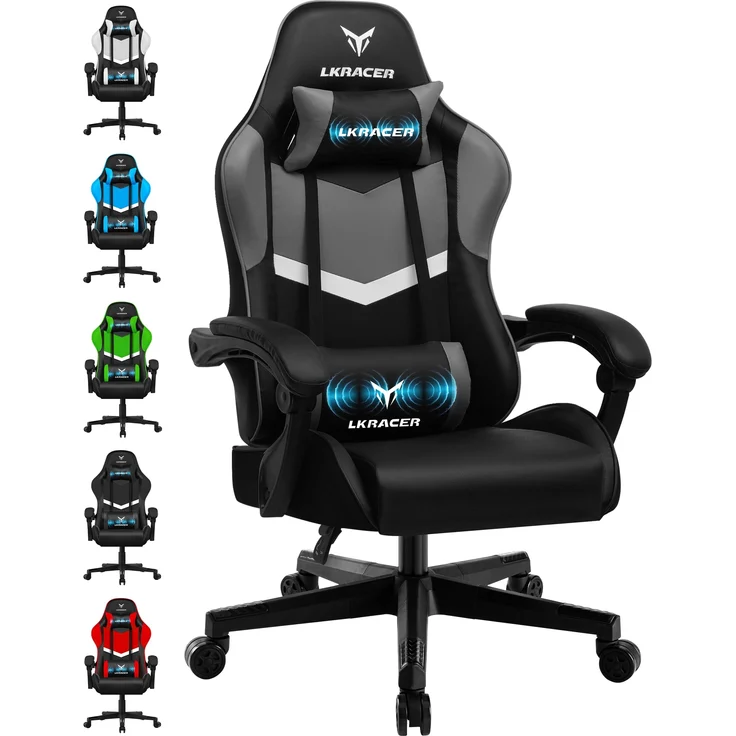 GTPLAYER Gaming Stuhl Bürostuhl Massage Gaming Sessel Ergonomischer Gamer Stuhl, Kopfstütze Massage-Lendenkissen, Gepolstert Gaming Chair, Drehsessel, grau