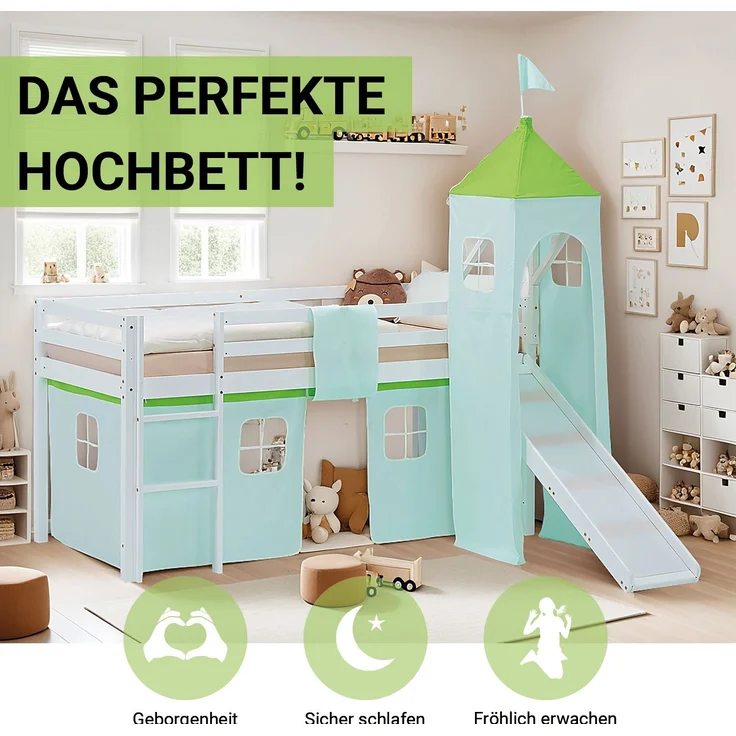 Hochbett Kinder 90x200 cm mit Rutsche Lattenrost Kinderbett Kinderhochbett Stockbett Vorhang Turm Grün – Bild 5
