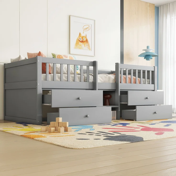Halbhohes Bett, 90*200cm , 4 Schubladen, Geländer, Leiter, Kiefernholz, Ohne Matratze, Minimalistischer Stil, Grau – Bild 5