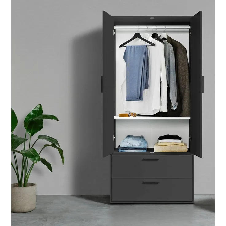 mokebo Kleiderschrank Der Kleiderheld (80x180x51 cm, 2-türig, 2 Schubladen & 2 Einlegeböden) Garderobenschrank, Schlafzimmerschrank oder Schrank in Schwarz