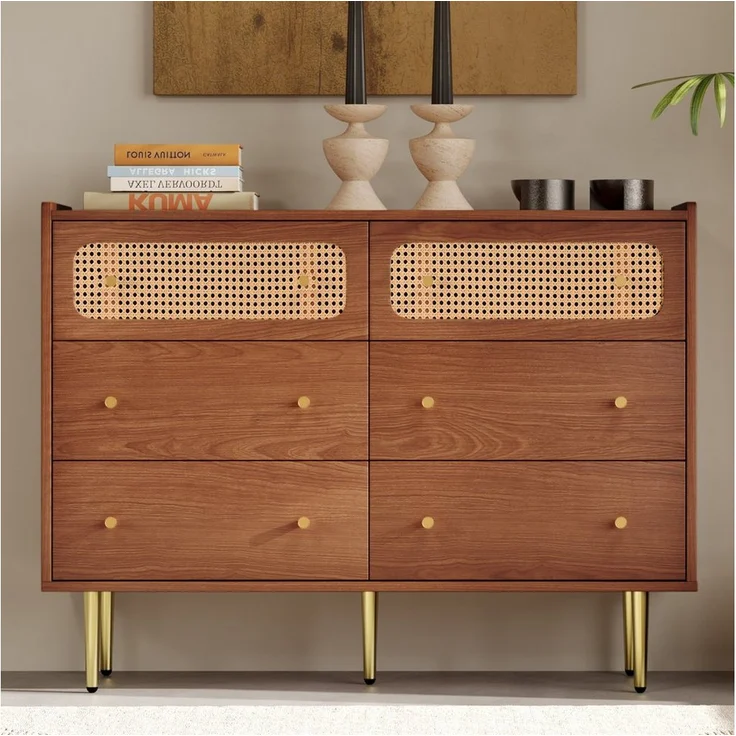 OKWISH Kommode Sideboard 120x90x40 cm, 6 geräumige Schubladen aus Holz & Metall in Nussbaumoptik, verstellbar
