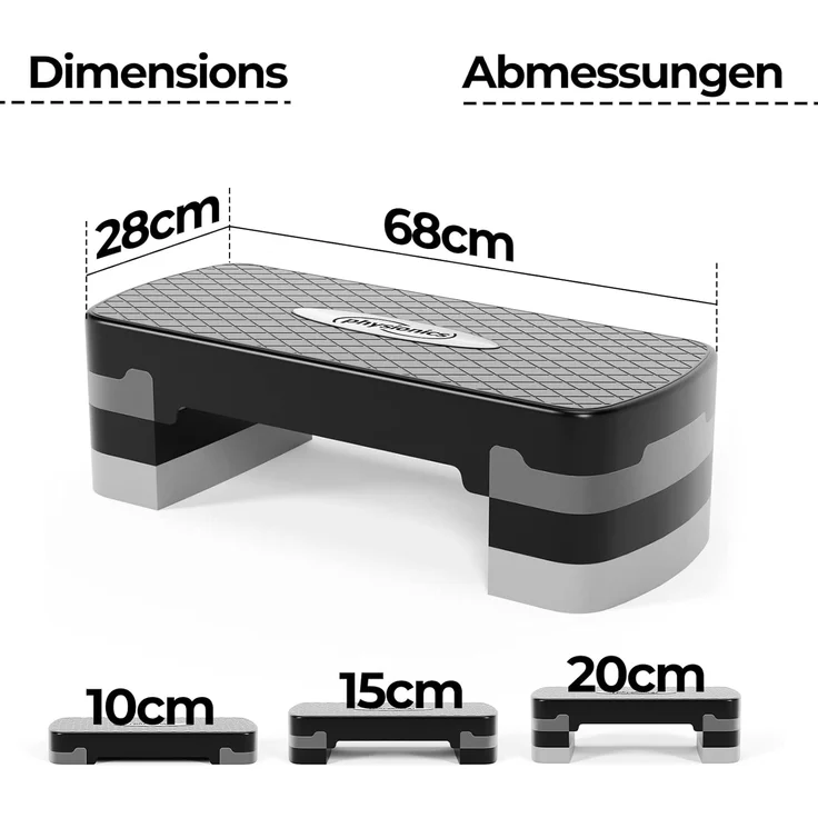 Physionics Stepper Aerobic Steppbrett - 3 Stufen (10/15/20cm), Anti-Rutsch Gummibezug – Bild 2