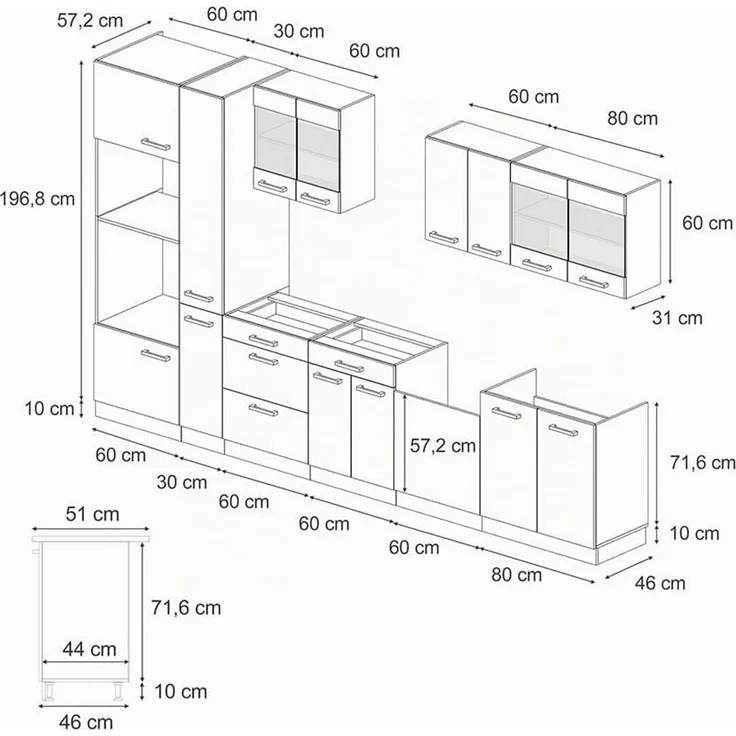 Küchenzeile R-Line Blau-Grau/Weiß 350 cm mit Hochschrank, ohne Arbeitsplatte Vicco – Bild 3