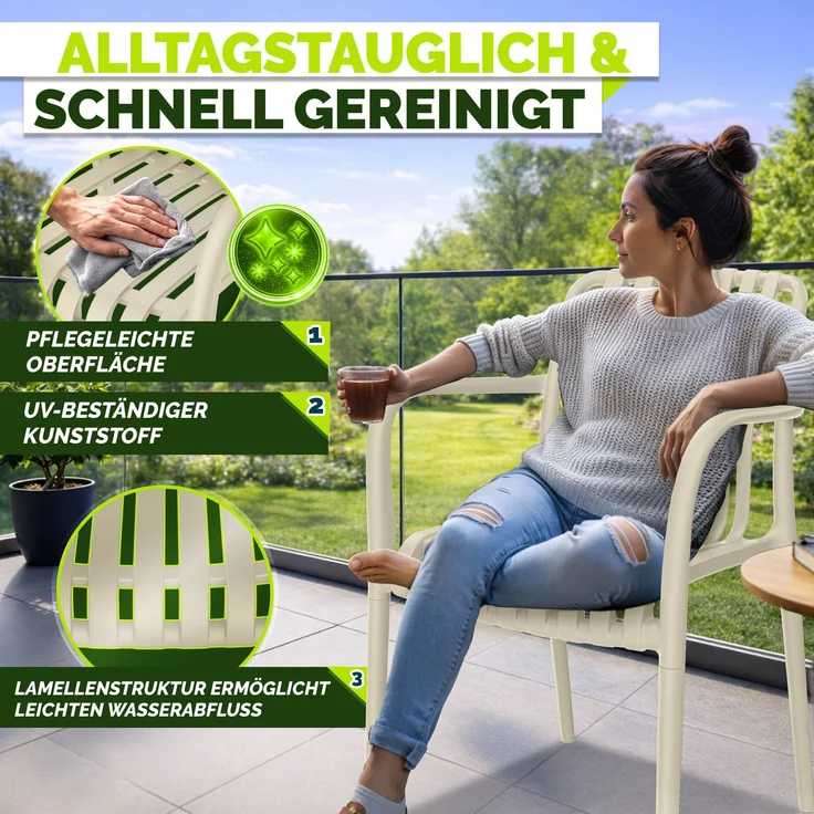 tillvex® Gartenstühle 4er Set Stapelbar Wetterfest mit Armlehne | Outdoor Stühle bis 120kg belastbar | Gartenstühle Outdoor | Terrassenstuhl Gartenmöbel Balkon Garten Terrasse – Bild 10