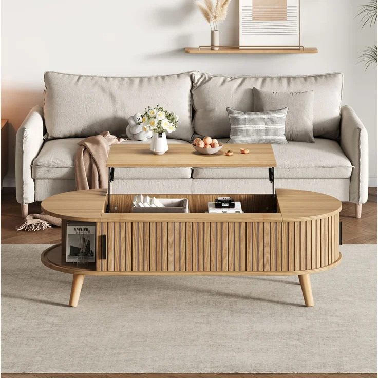 Couchtisch 120x50x39,5 cm höhenverstellbar mit verstecktem Stauraum aus MDF in Naturholzoptik – Bild 3