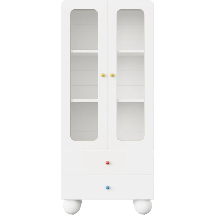 ZUBALIYA Glasvitrine, Kinder-Aufbewahrungsschrank, Bücherregal mit Schubladen, Büroschrank, Figurenvitrine, Bunte Keramikgriffe, Kugelförmige Schrankfüße,, Multifunktionsschrank, Weiß, 60 x 35 x 140 cm – Bild 9