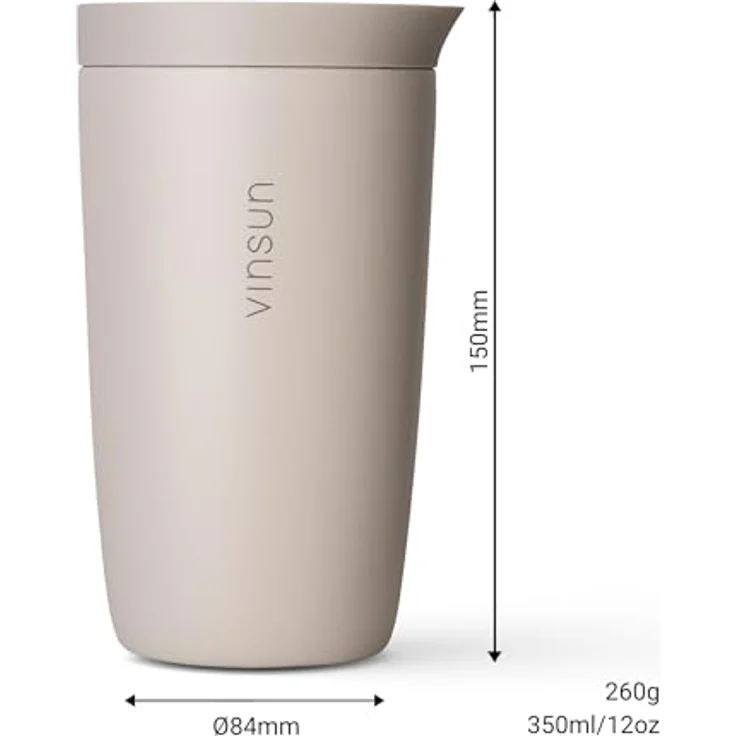 Vinsun Thermobecher Edelstahl Isolierbecher 350ml - Kaffeebecher to Go auslaufsicher, 2-tlg, Edelstahl, Doppelwandig, BPA frei, bruchfest, Einhandbedienung per Knopfdruck – Bild 5