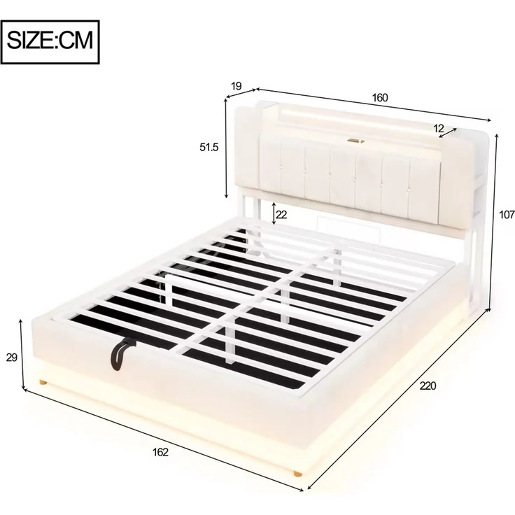 EINHOM Smartes Polsterbett 160 x 200 cm mit LED-Beleuchtung, USB- und Hydraulischem Stauraum, Weichem Samtbezug und Metallrahmen Beige, (Ohne Matratze) – Bild 2