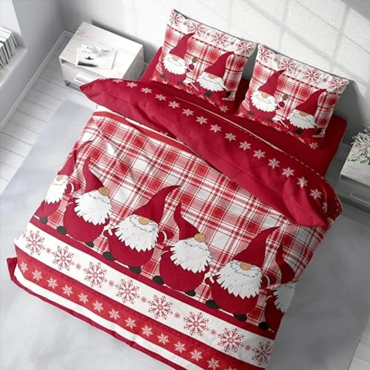 One Home Bettwäsche Wichtel Weihnachten Weihnachtsbettwäsche, Fleece, 3 teilig, Christmas kariert, kuschelig flauschig warm weich Winter Doppelbett – Bild 4