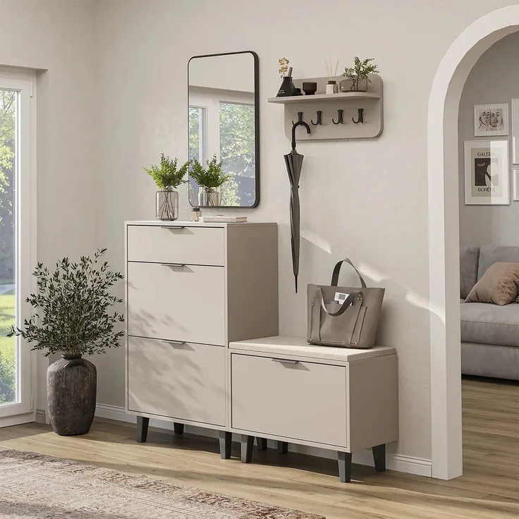 Roomart NORD Garderobenset 4-teilig – Schuhschrank, Sitzbank mit Schuhklappe, Wandgarderobe & Spiegel – Flurgarderobe – H 112 x B 73.6 x T 35 cm (Schuhschrank) • Beige