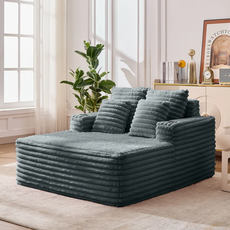 Wohnora-Überdimensionale Chaiselongue, Kunstfell-Schlafsofa mit Getränkehalter, wolkenweicher Sessel, keine Montage,H 86cm x T 135cm x B 128cm,Dunkelgrau – Bild 2