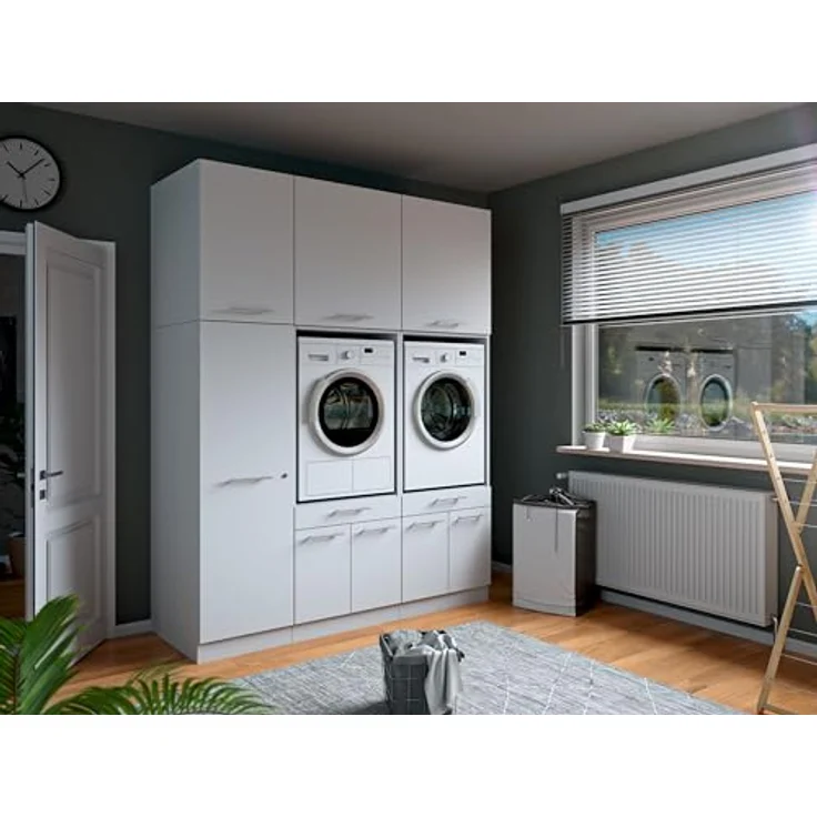 Laundreezy Waschraum Komplett-Set, Weiß - Modulares Schranksystem für Waschküche & Hauswirtschaftsraum - 186 x 238 x 68 cm (B/H/T) – Bild 5