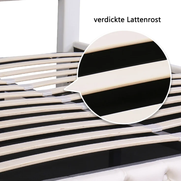 Lit rembourré 140 x 190 cm, entièrement fonctionnel, avec un sommier à lattes et un espace de rangement, rangement hydraulique, éclairage LED, blanc, matériau PU. – Bild 7