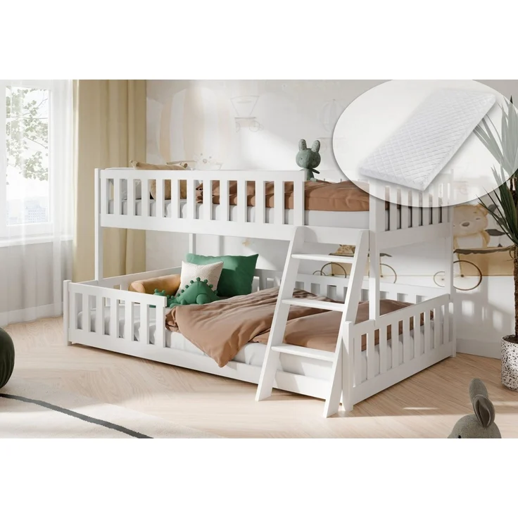 Kids Collective Etagenbett Hochbett Kinderbett 90x200/120x200 cm Rausfallschutz & Lattenrost, Mit zwei Matratzen und Leiter, massives Kiefernholz, Weiß – Bild 1