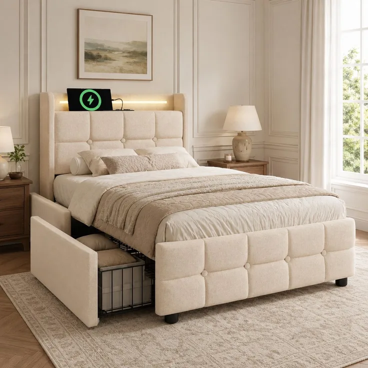 EINHOM Polsterbett mit Aufladen USB Ladefunktion Kopfteil und LED-Beleuchtung und 2 Schubladen, Einzelbett 90 x 200 cm Stauraumbetten Bettgestell, Lattenrost aus Holz, Beige (Ohne Matratze)