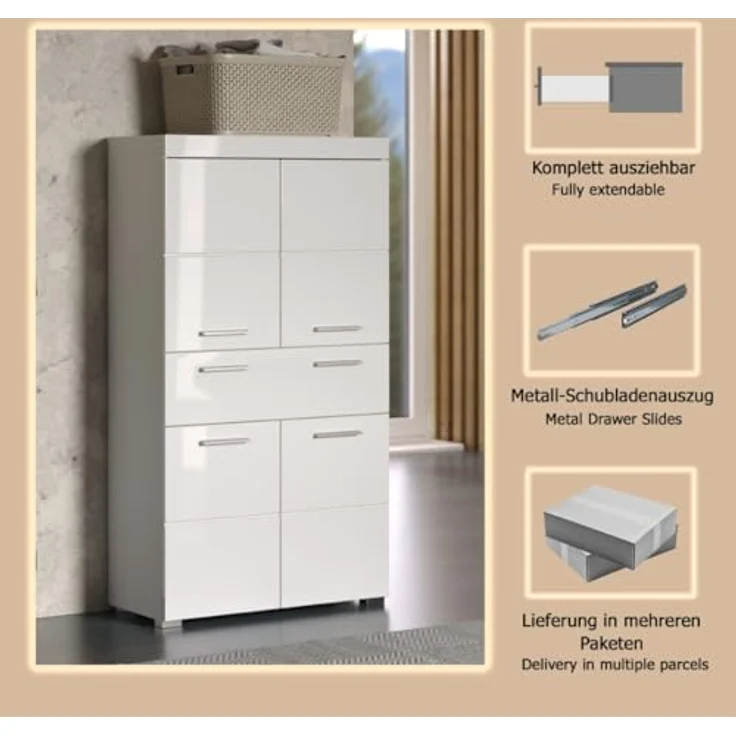 Trendteam 'Amanda' Midischrank, Holz, 132 x 31 x 73 cm, Weiß / Weiß Hochglanz – Bild 8