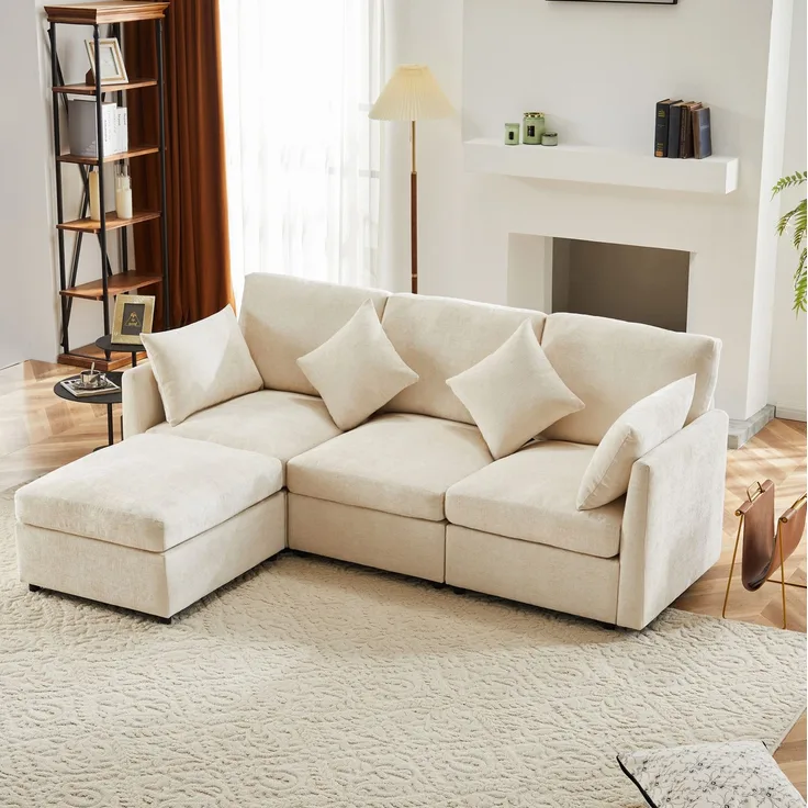 DESVIAE Sofa modular mit Hocker und 4 Kissen 216x81x161 cm Chenille Beige
