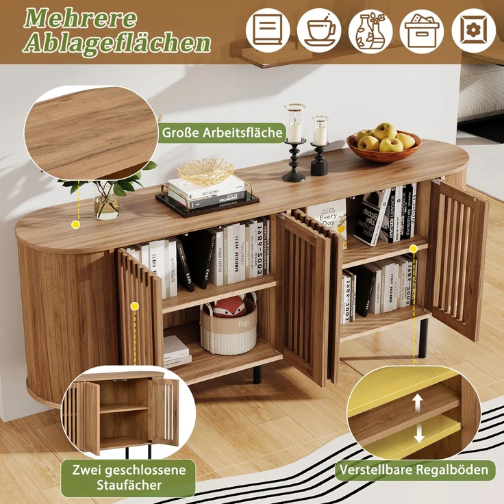 DESVIAE Sideboard Naturholzfarbe aus MDF – 160x70x40 cm – 4 perforierte Schiebetüren – Bild 5