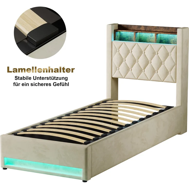 Polsterbett 90x190 cm, Beige Samt, hochelastische Polsterung, Lattenrost (ohne Matratze) – Bild 8