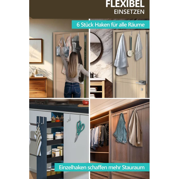 Aurelia Home Türhaken zum Einhängen, 6er-Set, Silber – für Türen und Schranktüren, bis 8 kg – Bild 3