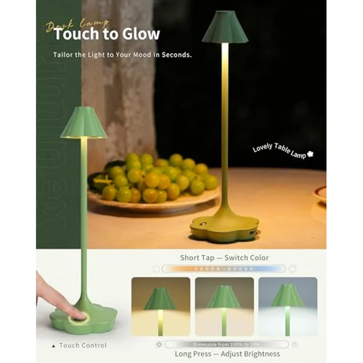 Touch Nachttischlampe Kabellos, Wiederaufladbare Tischlampe, Blumen Design, 3 Farbtemperaturen, Stufenlos Dimmbar, IP54, Gemütliches Ambientelicht für Schlafzimmer, Wohnzimmer, Grün – Bild 2