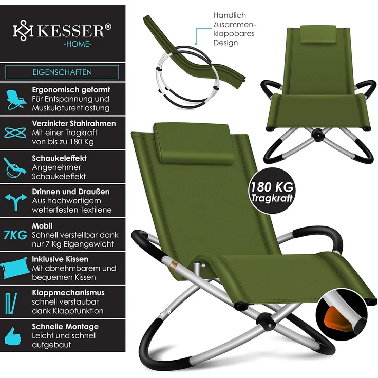 KESSER® Relaxliege Liegestuhl | Gartenliege | Gartenstuhl | Klappstuhl faltbar | Schwungliege | Schaukelsessel | ergonomische Relaxsessel | wetterfest | 180 kg Belastung | 174 x 78 x 89 cm Khaki – Bild 2