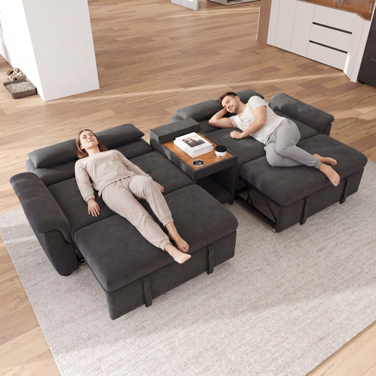 Wohnora-U-förmiges Schlafsofa, ausziehbar, Doppel-Schlafauszug, verstellbare Rückenlehne, Haustierbereich, Couchtisch mit 2 Becherhaltern, 4 Kissen, Chenille, Dunkelgrau, 284×138×89 cm,H 89cm x T 284cm x B 138cm – Bild 2