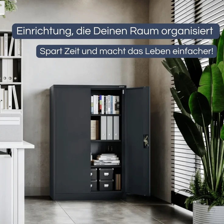 Aktenschrank abschließbar KADO - 4 Ebenen verstellbar, Flügeltüren | Metallschrank Werkstatt Mehrzweckschrank Büroschrank aus Stahl Werkzeugschrank, 140x90x40cm Anthrazit – Bild 3