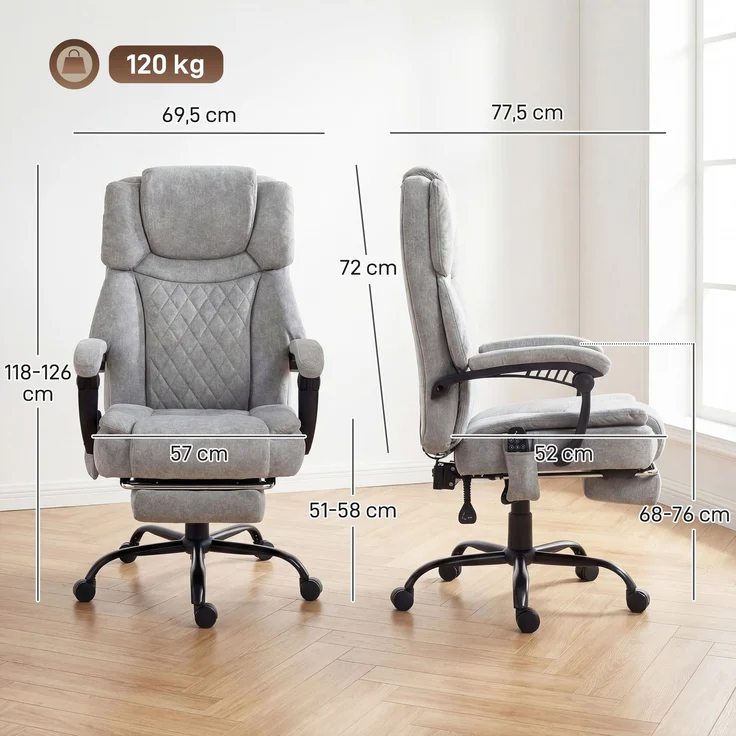 MELAYR, Hochlehner Massage-Bürostuhl mit Vibration, Wärmefunktion, verstellbarer Rückenlehne, 77.5 x 69.5 x 126 cm, Grau – Bild 5