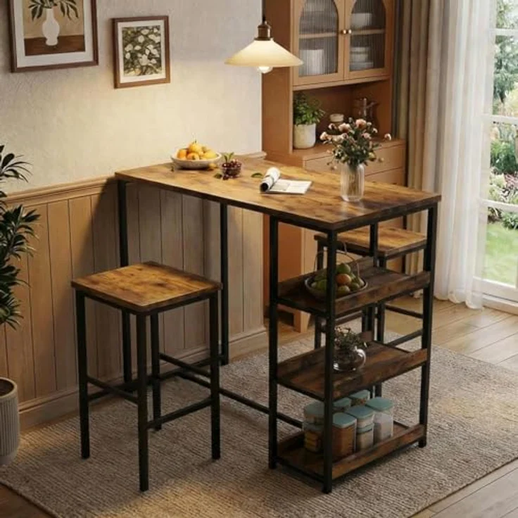 Essgruppe Mit 2 Barhockern & Aufbewahrungsregal | 3-Tlg. Esstisch Set Aus Eisen Und Holz Für Kleine Küchen & Apartments | Küchentisch Mit Ablagefächern, Platzsparendes Esstisch Set Für Beengte Räume – Bild 1