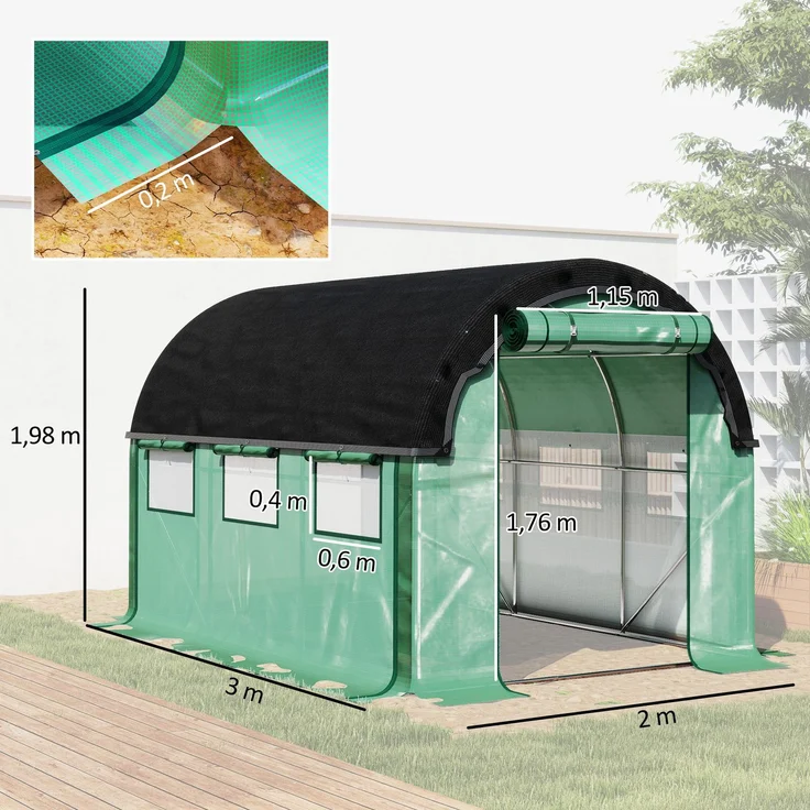 Wohnora-Gewächshaus 3 x 2 x 2 m Foliengewächshaus mit 6 Fenster, Rolltüren, Aufrollbar Seitenwänden, UV-beständiger Folientunnel, Winterfest Tomatenhaus mit Erdanker, Grün,H 198cm x T 300cm x B 200cm – Bild 2