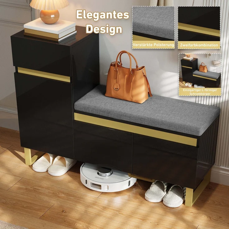 Schuhschrank aus MDF mit Sitzkissen & Schublade, 120x35x85 cm, Schwarz – Bild 8