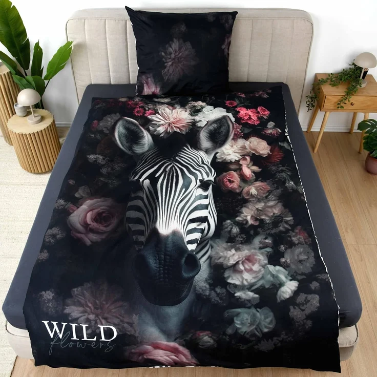 Bettwäsche Wild Flowers Zebra Animalprint 100% Baumwolle 135x200 – Bild 3