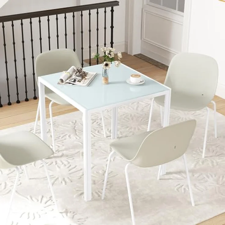 HOMCOM Esstisch für 4 Personen, aus Hartglas (Esszimmertisch, 1-St, Küchentisch), bis 80 kg belastbar, für Küche, Esszimmer, 75 x 75 x 75 cm, Weiß – Bild 8