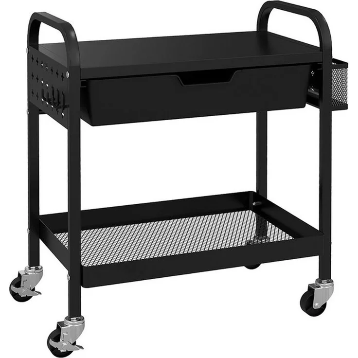 HOMCOM Servierwagen Rollwagen Küchenwagen mit 1 Schublade, 1 Ablage, (Aufbewahrungswagen mit Haken, 1 St, Beistellwagen für Küche, Wohnzimmer), Stahl, Schwarz – Bild 4