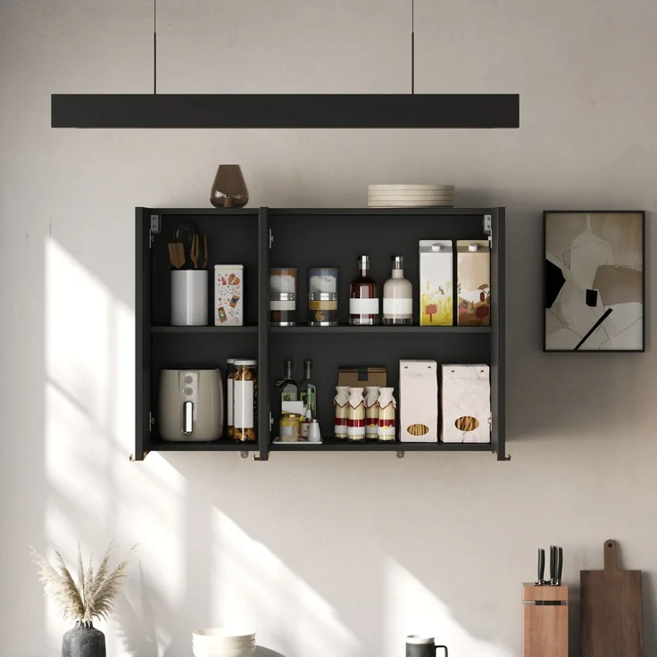 Küchen-Wandschrank 90 x 29 x 60 cm in Schwarz mit 3 Türen und strukturierten Fronten – Bild 2