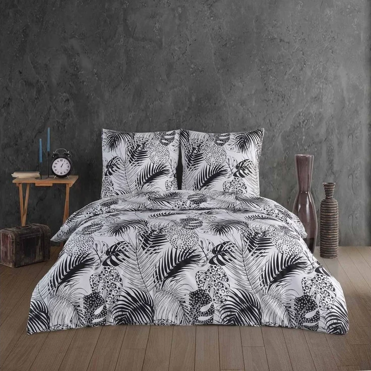 Buymax Bettwäsche Bettbezug-Set Exotic 100% Baumwolle, Baumwolle, 2 teilig, 155x220 cm Renforce mit Reißverschluss Weiß Schwarz Monstera Blätter – Bild 1