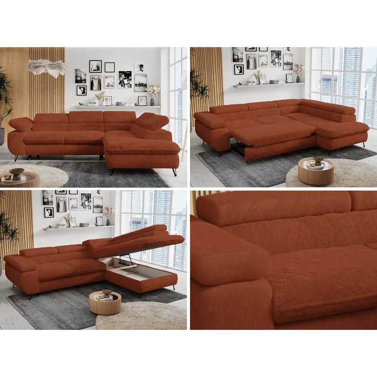 Ecksofa mit Bettfunktion, Modern Sofa, L-form, Einstellbare Kopfstützen, Bettkasten - PETER - Orange Plüsch - rechts – Bild 2
