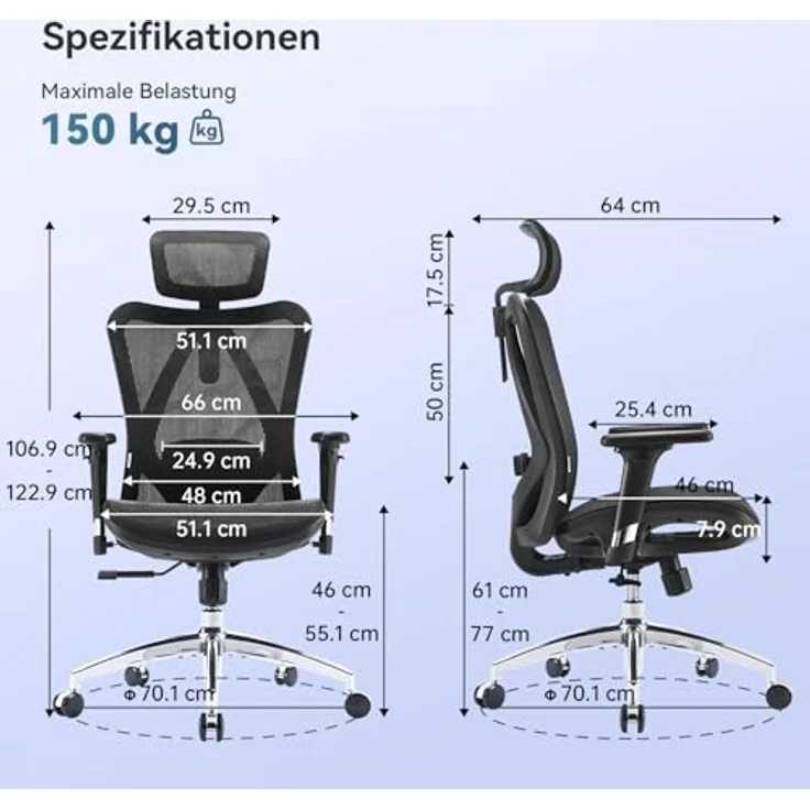 SIHOO M57 Ergonomischer Bürostuhl, Chefsessel mit 3D verstellbare Armlehne und Lendenwirbelstütze, Hautfreundliche Netz-Hochlehne, Schreibtischstuhl bis 150kg/330LB Belastbar(schwarz) – Bild 4