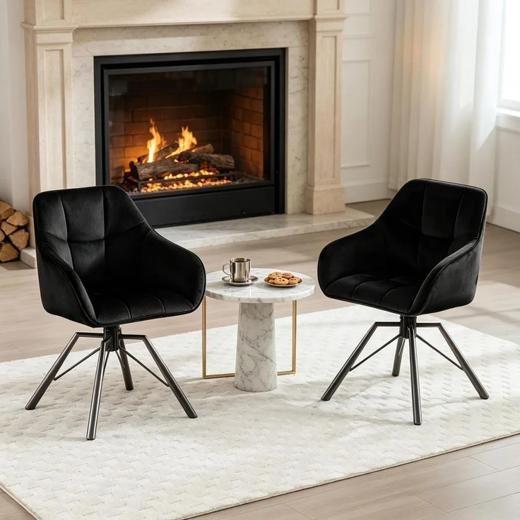 Essstuhl 58,5 x 82,5 x 54,5 cm – drehbar mit Armlehnen, Samtbezug und schwarzem Metallgestell, 2er-Set – Bild 2