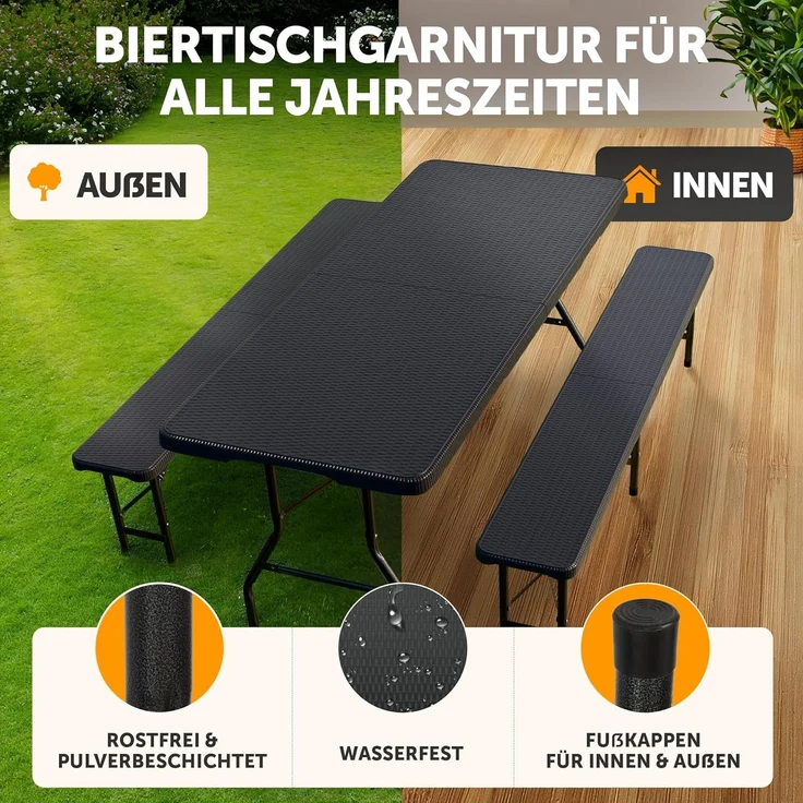 Blumtal Bierzeltgarnitur 3er Set - 2X Bierbank + 1x Biertisch - tragstarke Biertischgarnitur klappbar für 8 Personen - Bierbankgarnitur mit Tragegriff - Biergartengarnitur in Rattan-Optik Schwarz – Bild 5
