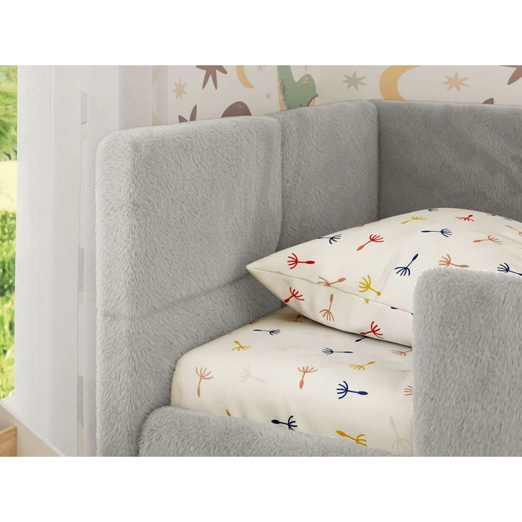 Jugendbett, Kinderbett mit Kopfteil ARVO ALTA 90x200 cm, Polsterbett mit Stauraum, hoher Schlafkomfort - Hellgrau Plüsch - Links – Bild 5