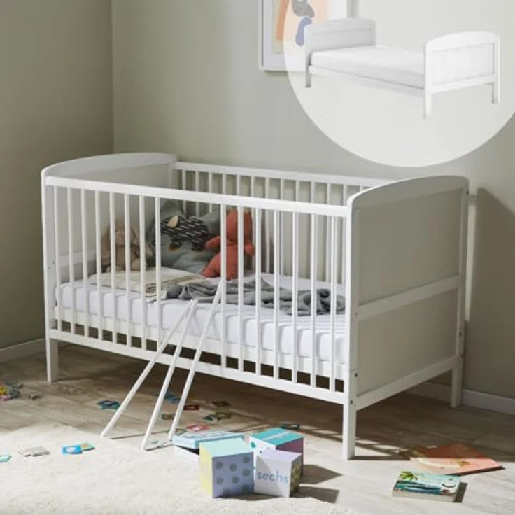 Babybett Kinderbett 70x140 Umbaubares Gitterbett höhenverstellbar & herausnehmbare Sprossen optional mit Matratze | Weiss Vollholz Kiefer Made in Europe – Bild 2