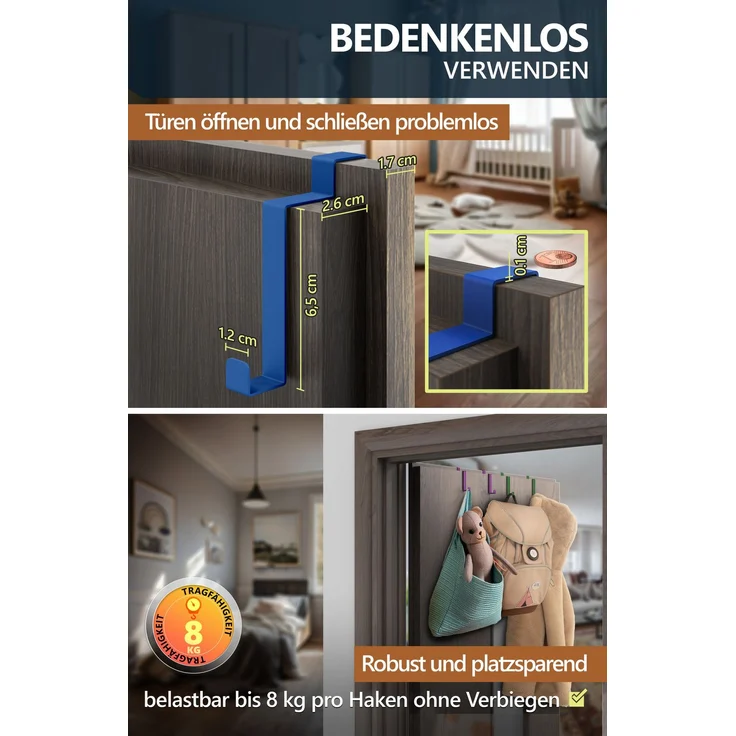 Aurelia Home flache Türhaken für Falztüren innen, 10er-Set, Edelstahl, Bunt – bis 8 kg – Bild 4