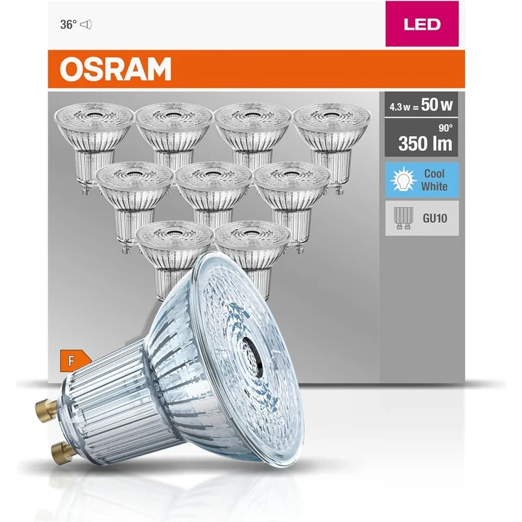 10er-PACK OSRAM LED BASE PAR16 GU10 LED Strahler 4. 3W wie 50W 36° 4000K neutralweiß GLAS