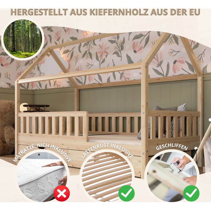 Crazy Pine 'Crazy Blanco' Hausbett mit Rausfallschutz, Skandinavisches Design, Naturholz, Natur, 80x160 cm, mit Schubladen – Bild 4